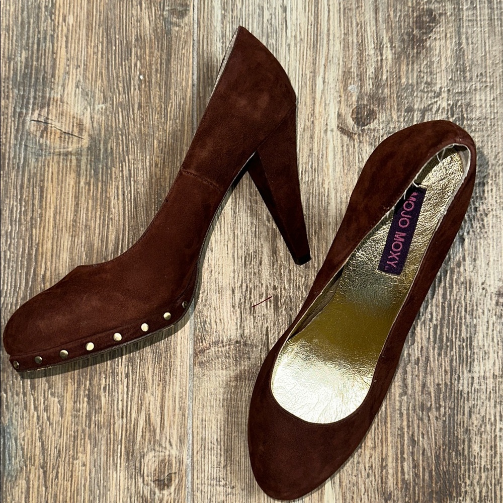 Mojo Moxy Dark Brown Suede Heels